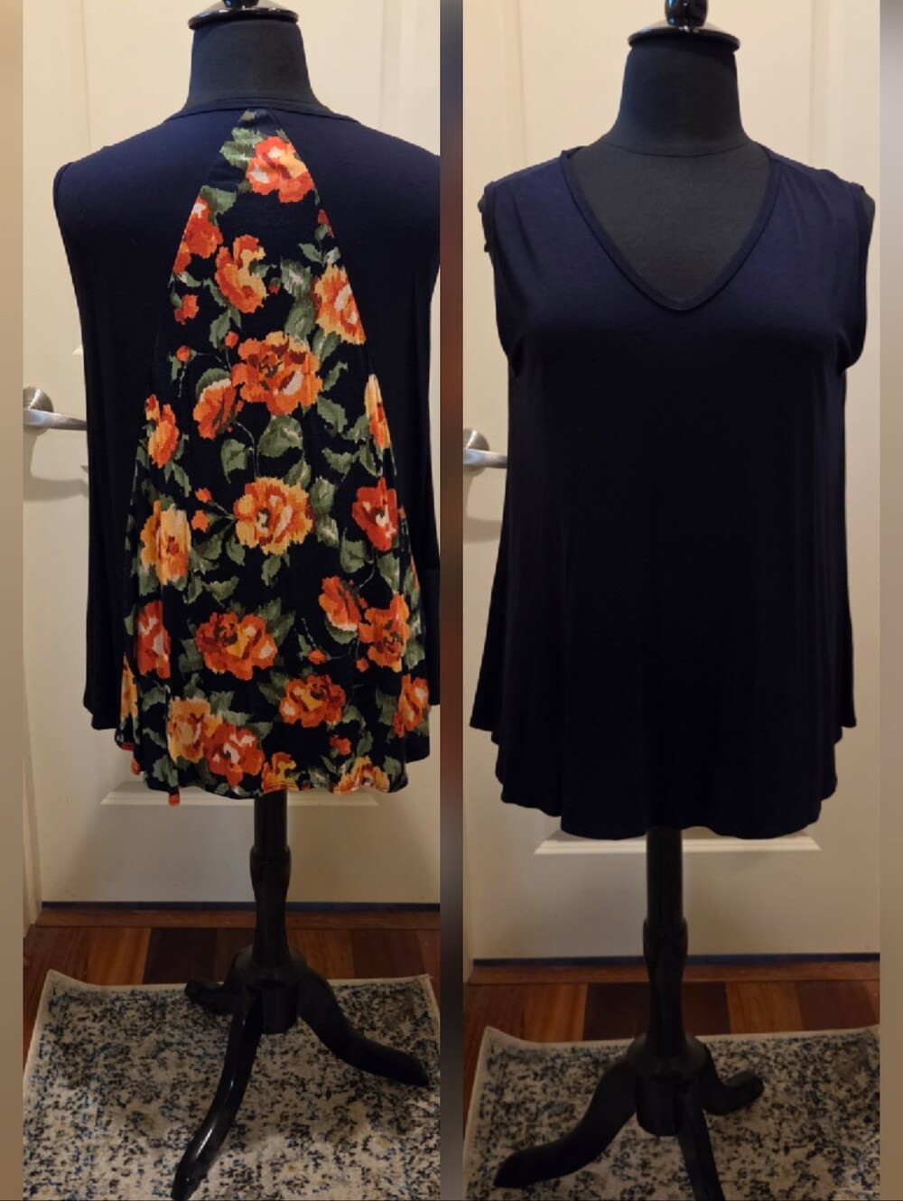 Cool Melon Women’s V-Neck Navy Swing Tunic Top With Bright Floral Back Insert